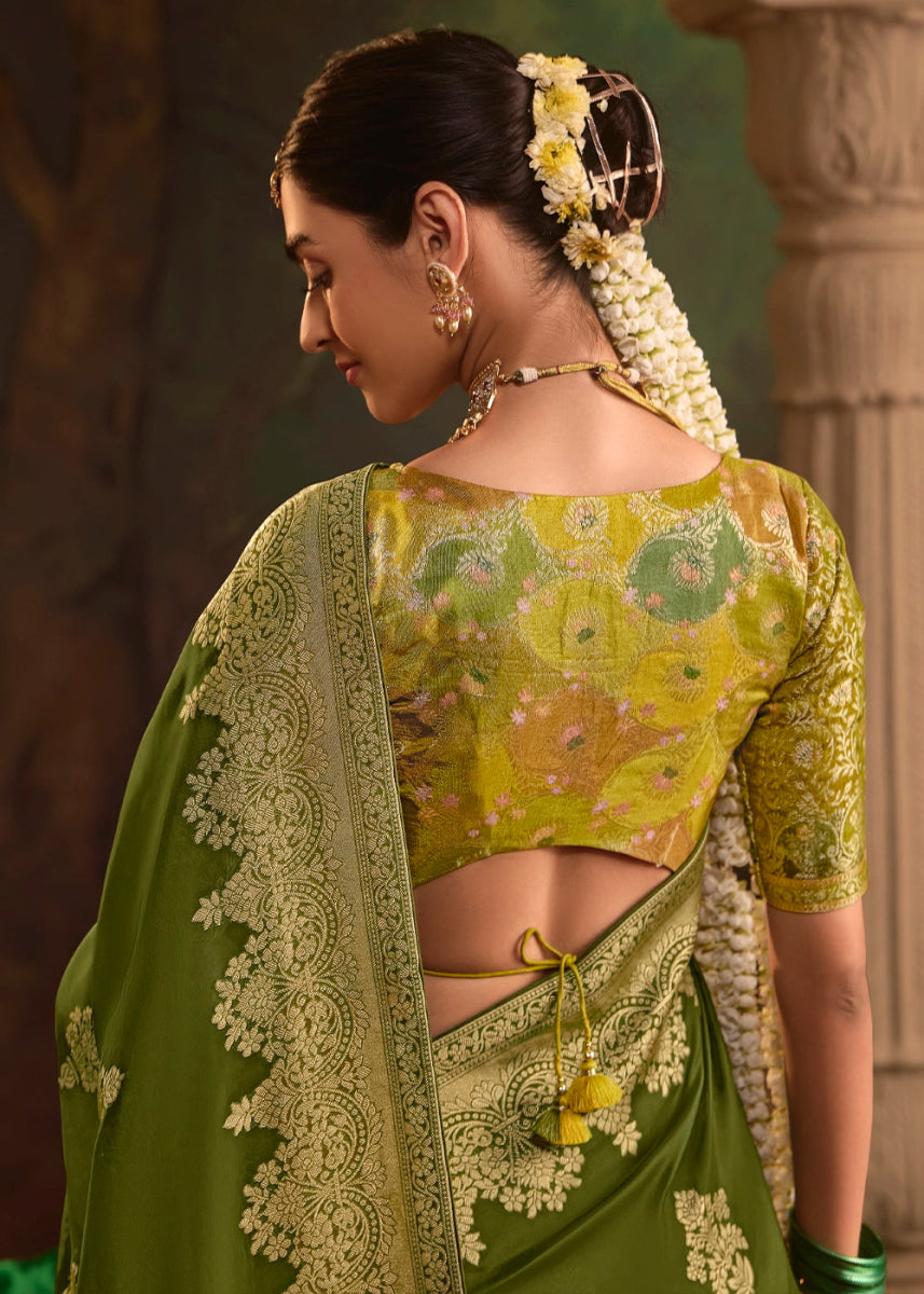 Olive Green Crepe Dola Silk Saree with Rich Zari Weaving - House of Sarvati LLC