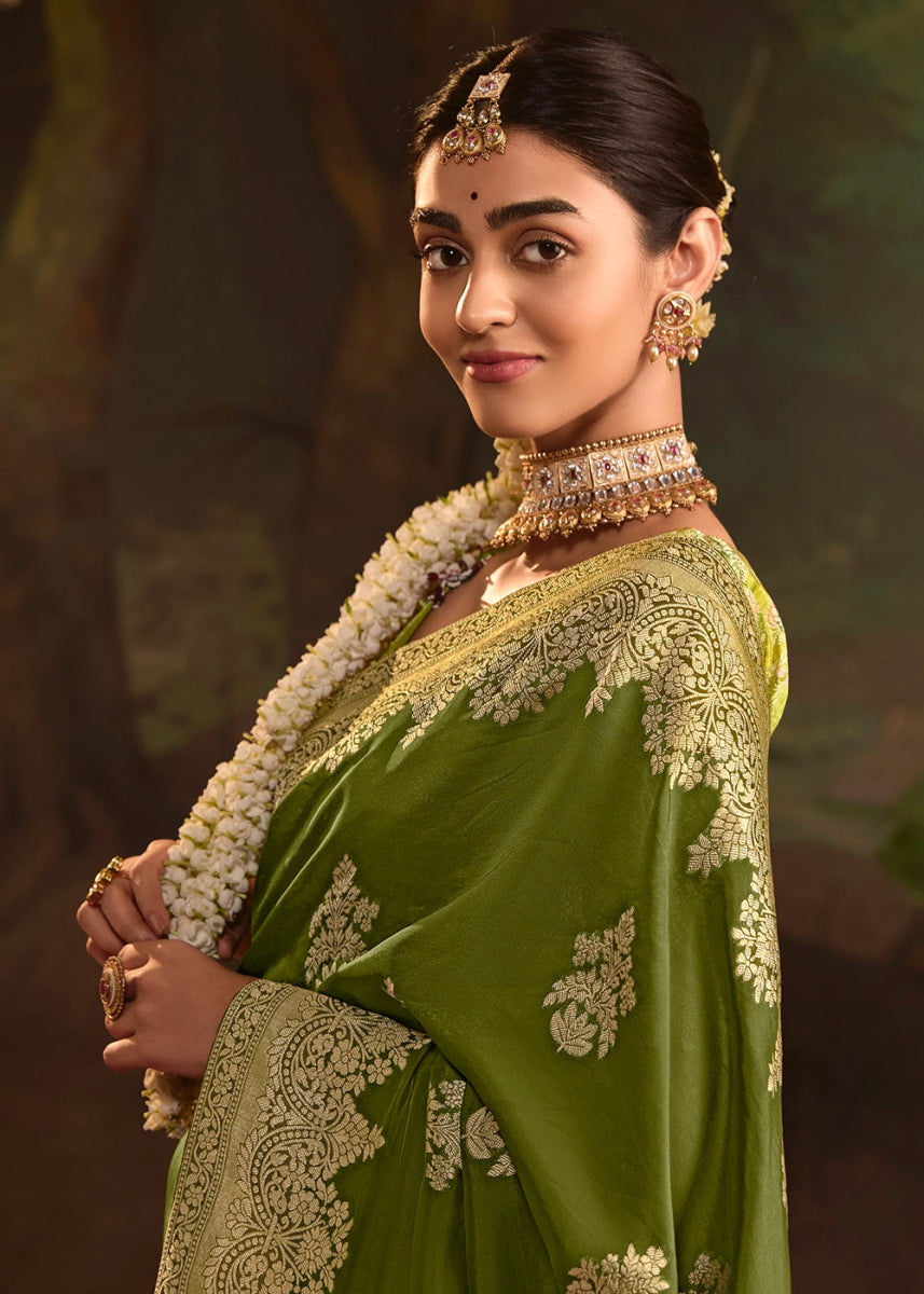 Olive Green Crepe Dola Silk Saree with Rich Zari Weaving - House of Sarvati LLC
