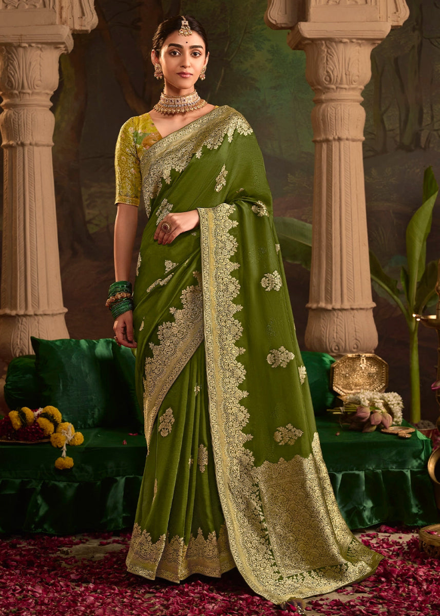 Olive Green Crepe Dola Silk Saree with Rich Zari Weaving - House of Sarvati LLC