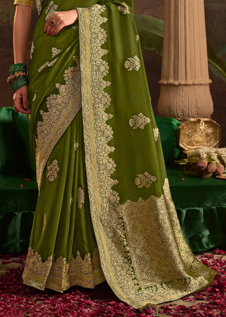 Olive Green Crepe Dola Silk Saree with Rich Zari Weaving - House of Sarvati LLC