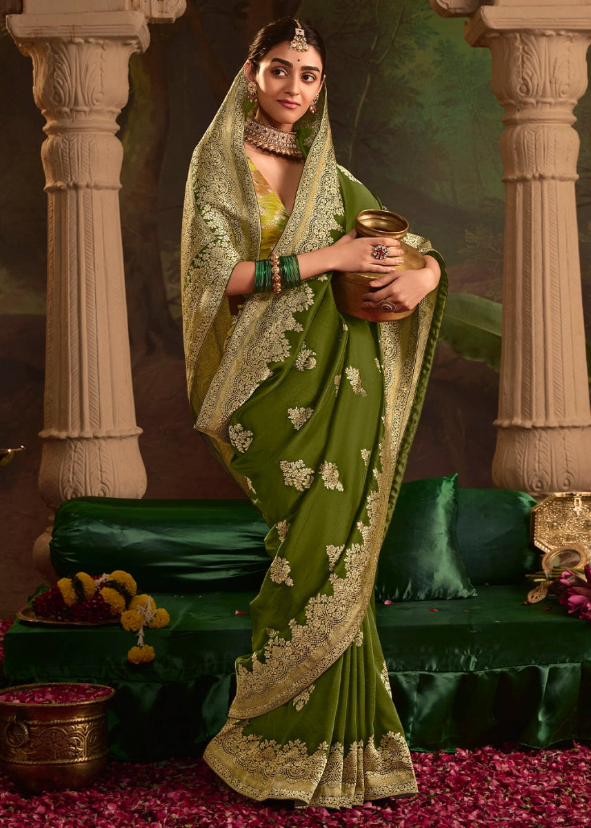 Olive Green Crepe Dola Silk Saree with Rich Zari Weaving - House of Sarvati LLC