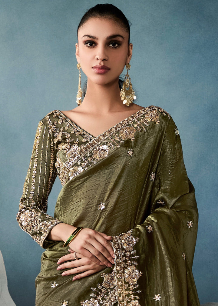Olive Green Designer Saree in Tissue Fabric with Hand Embroidery - House of Sarvati LLC