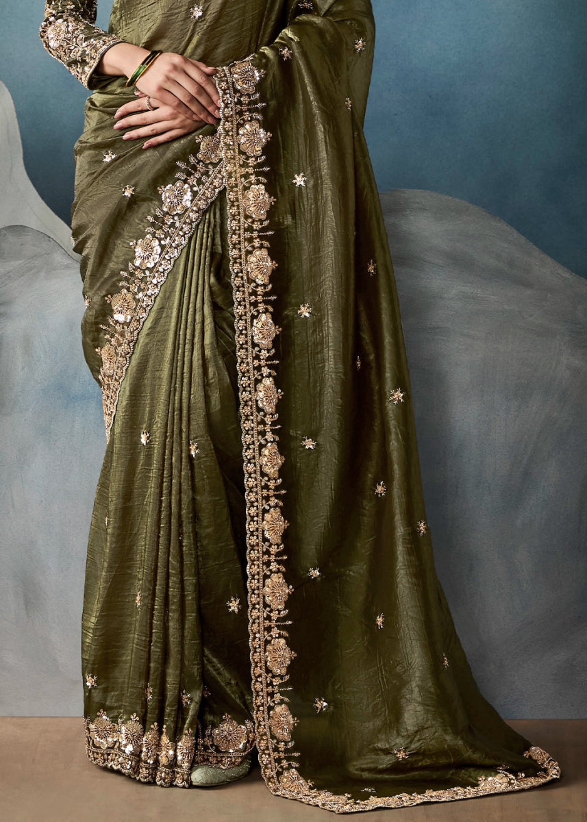 Olive Green Designer Saree in Tissue Fabric with Hand Embroidery - House of Sarvati LLC