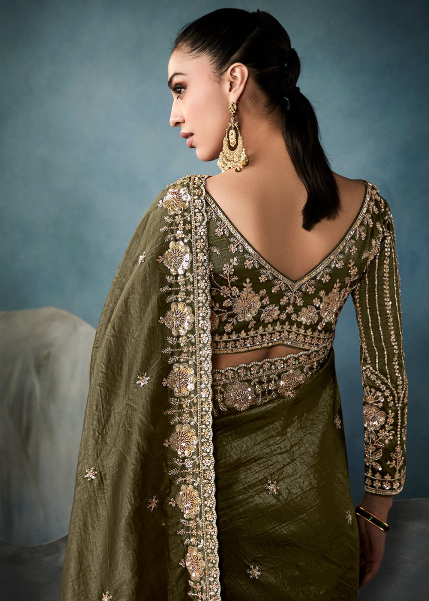 Olive Green Designer Saree in Tissue Fabric with Hand Embroidery - House of Sarvati LLC