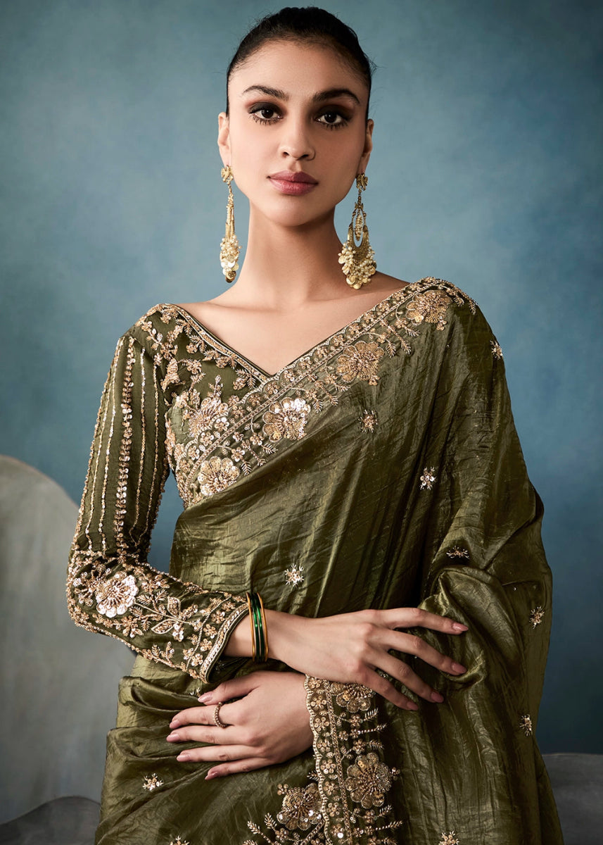 Olive Green Designer Saree in Tissue Fabric with Hand Embroidery - House of Sarvati LLC