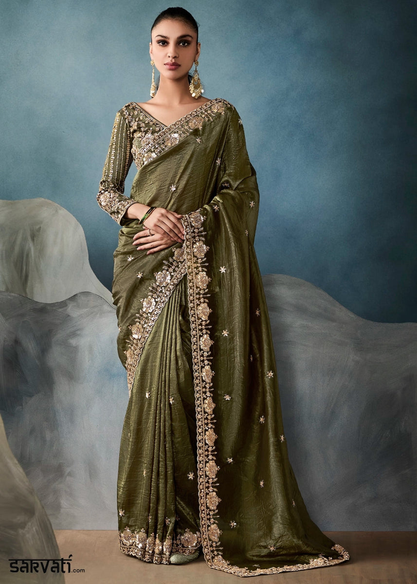 Olive Green Designer Saree in Tissue Fabric with Hand Embroidery - House of Sarvati LLC