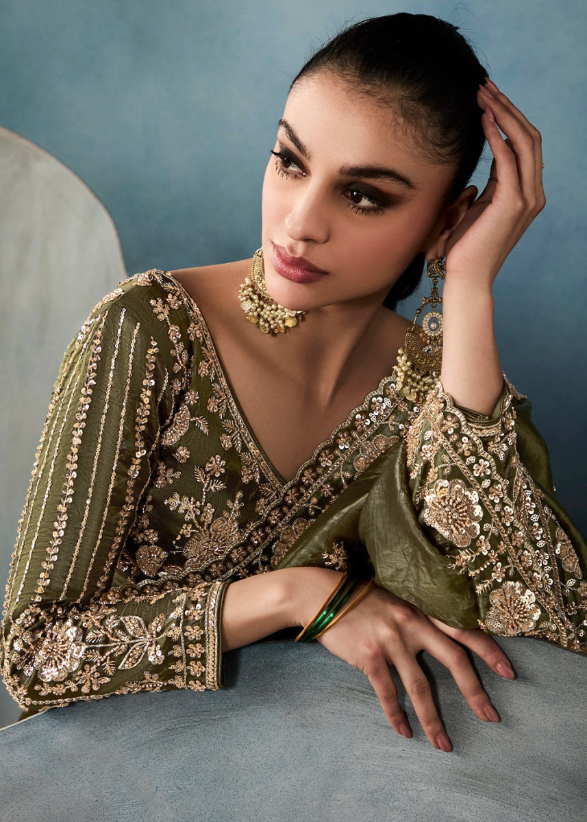 Olive Green Designer Saree in Tissue Fabric with Hand Embroidery - House of Sarvati LLC