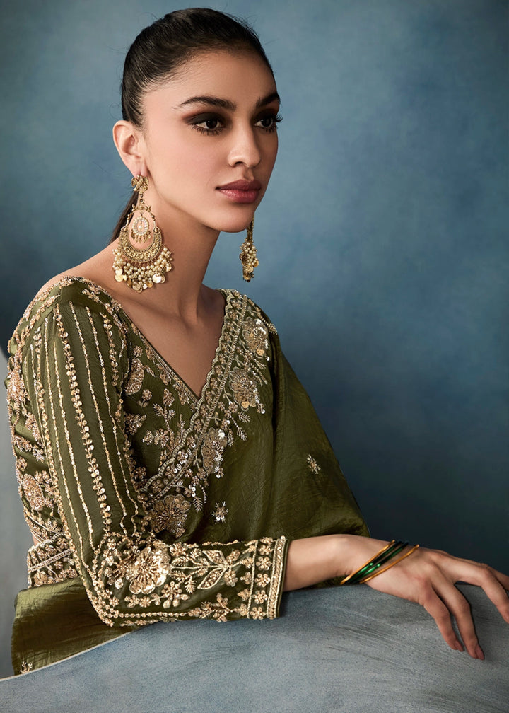 Olive Green Designer Saree in Tissue Fabric with Hand Embroidery - House of Sarvati LLC