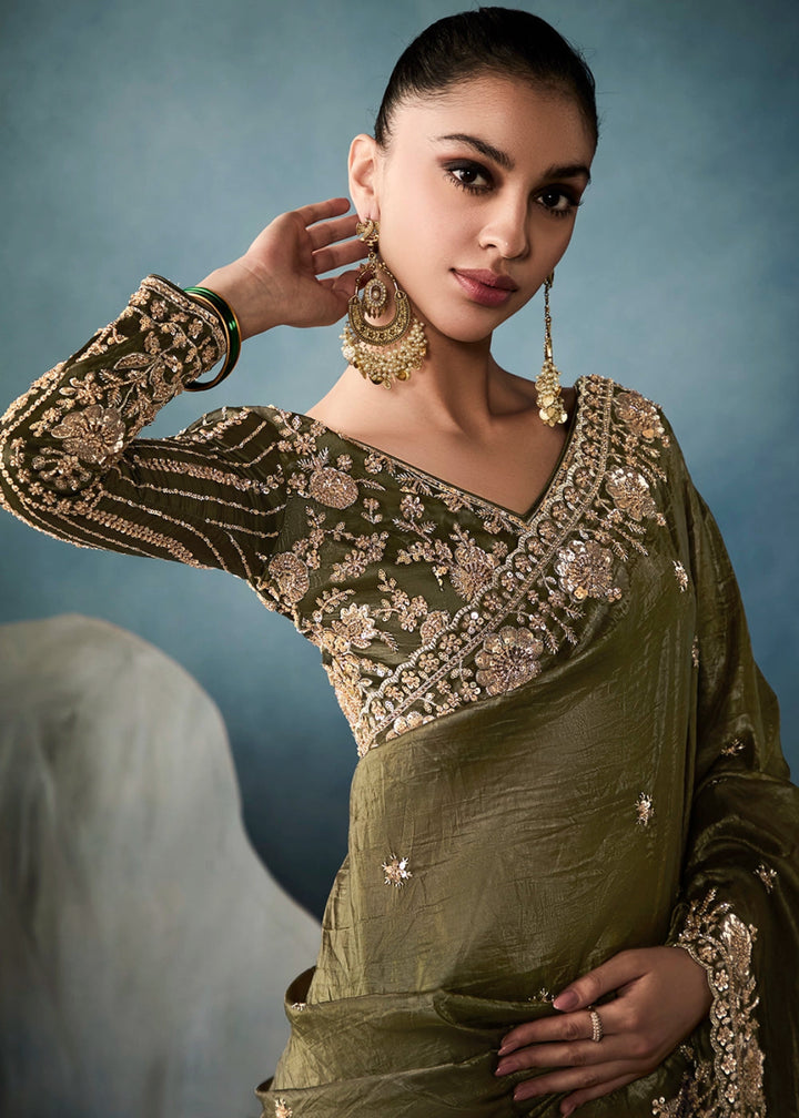 Olive Green Designer Saree in Tissue Fabric with Hand Embroidery - House of Sarvati LLC