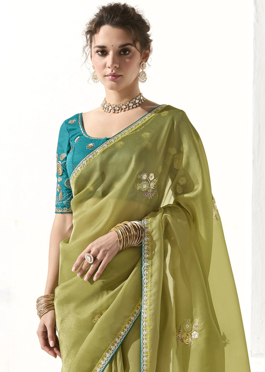 Olive Green Designer Tissue Organza Saree With All - Over Buttas And Hand Embroidered Blouse - House of Sarvati LLC