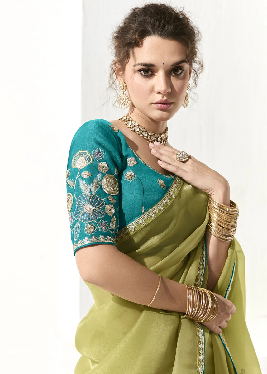 Olive Green Designer Tissue Organza Saree With All - Over Buttas And Hand Embroidered Blouse - House of Sarvati LLC