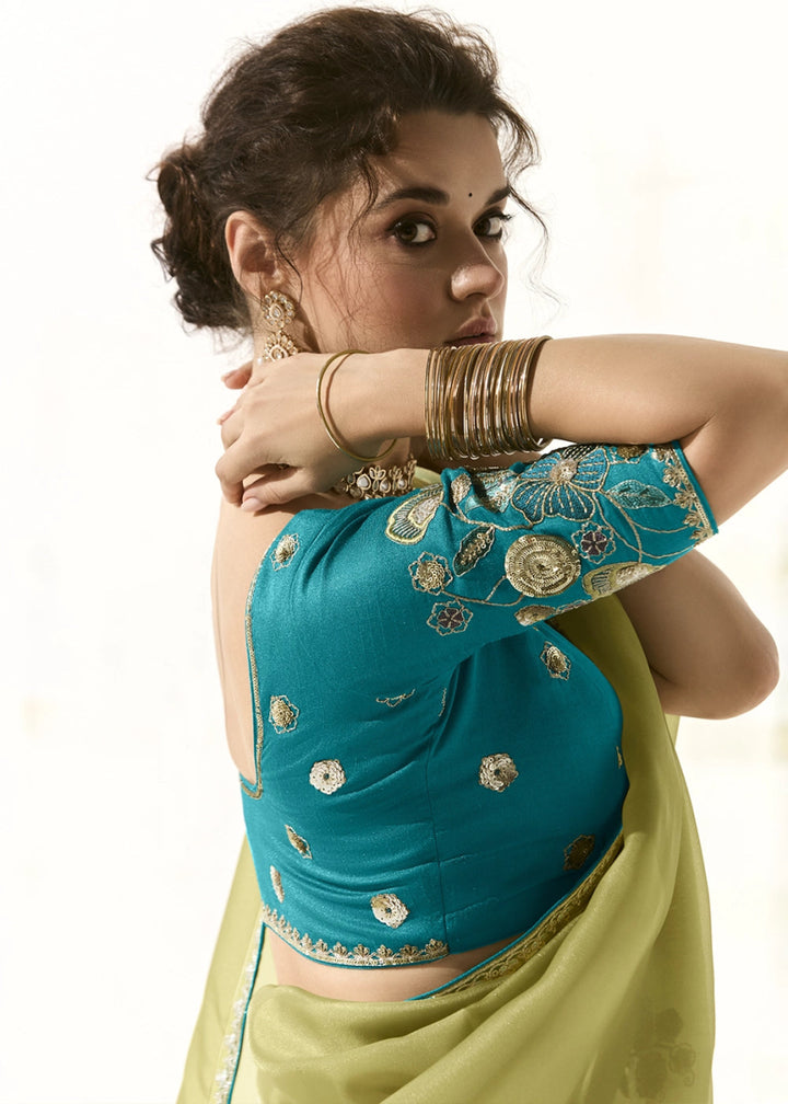 Olive Green Designer Tissue Organza Saree With All - Over Buttas And Hand Embroidered Blouse - House of Sarvati LLC