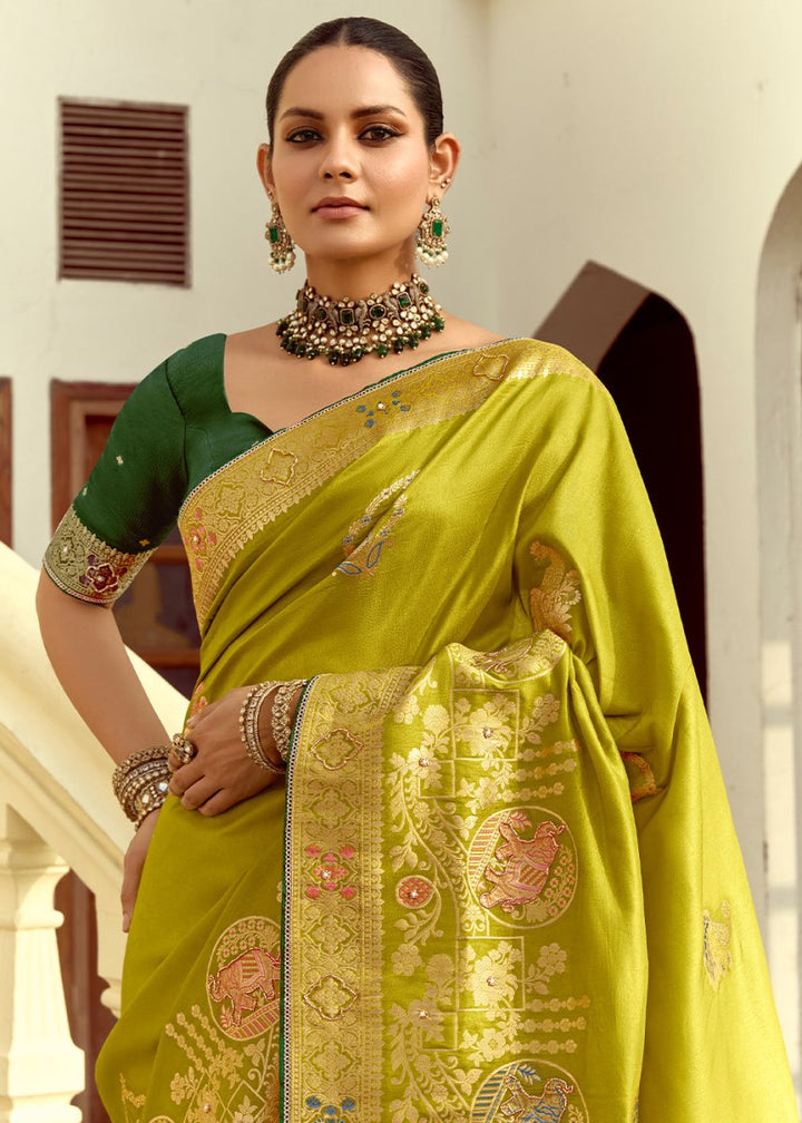 Olive Green Dola Silk Saree Featuring Zari Weave And Intricate Handwork With Cut Dana - House of Sarvati LLC