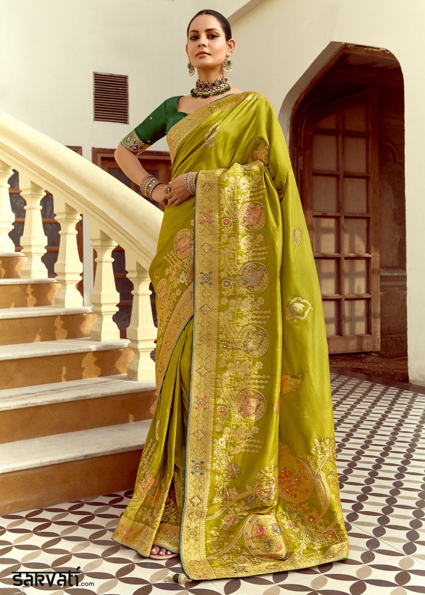 Olive Green Dola Silk Saree Featuring Zari Weave And Intricate Handwork With Cut Dana - House of Sarvati LLC