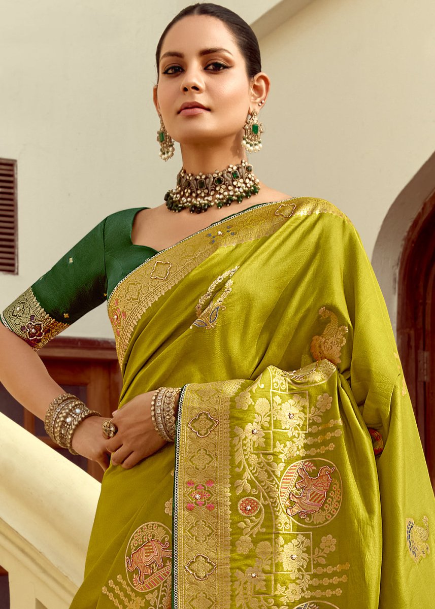 Olive Green Dola Silk Saree Featuring Zari Weave And Intricate Handwork With Cut Dana - House of Sarvati LLC