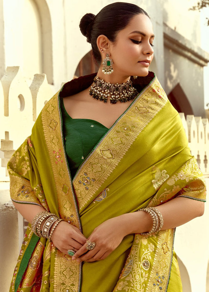 Olive Green Dola Silk Saree Featuring Zari Weave And Intricate Handwork With Cut Dana - House of Sarvati LLC