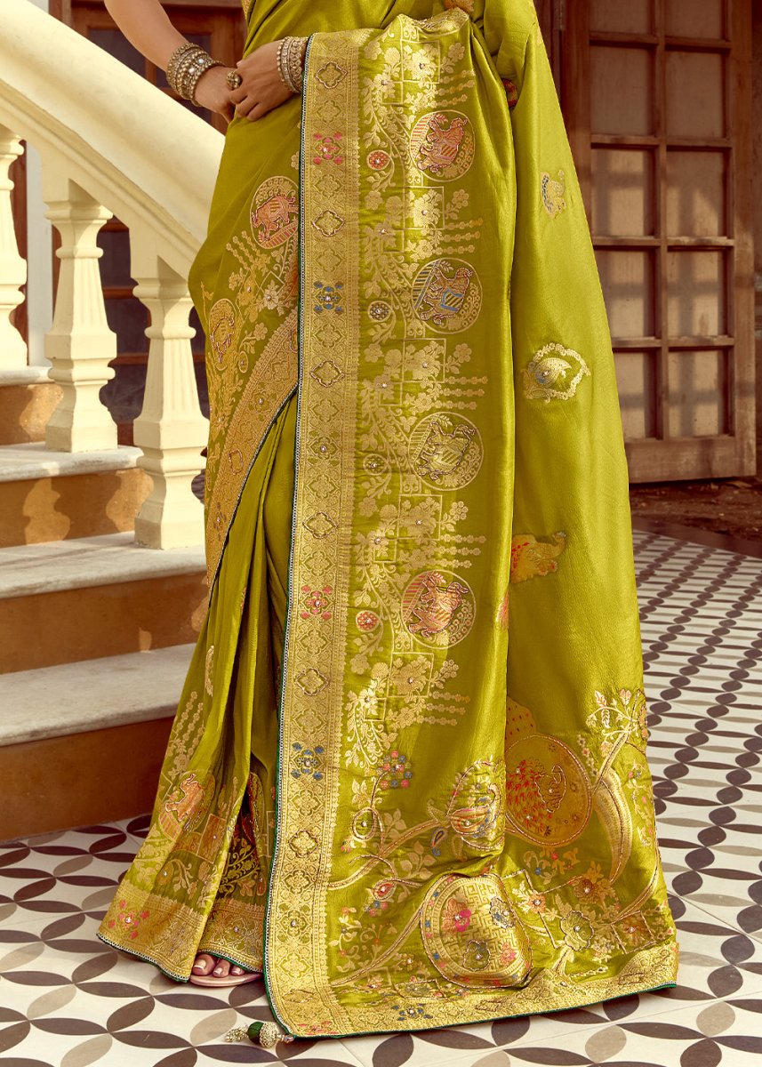 Olive Green Dola Silk Saree Featuring Zari Weave And Intricate Handwork With Cut Dana - House of Sarvati LLC