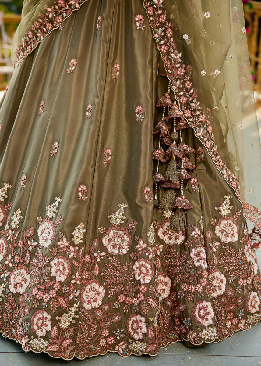Olive Green Satin Lehenga Choli with Elegant Floral Embroidery - House of Sarvati LLC