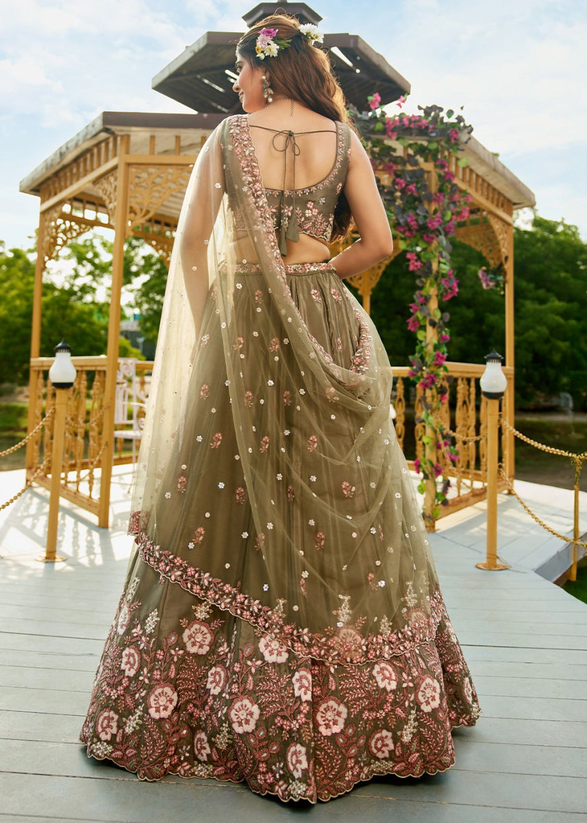 Olive Green Satin Lehenga Choli with Elegant Floral Embroidery - House of Sarvati LLC