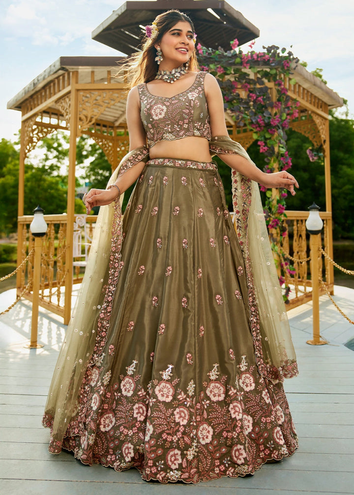 Olive Green Satin Lehenga Choli with Elegant Floral Embroidery - House of Sarvati LLC