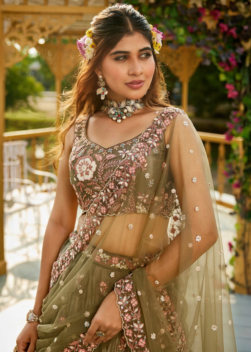 Olive Green Satin Lehenga Choli with Elegant Floral Embroidery - House of Sarvati LLC