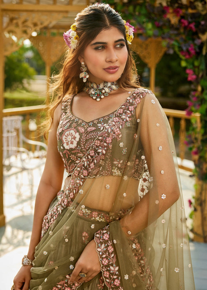 Olive Green Satin Lehenga Choli with Elegant Floral Embroidery - House of Sarvati LLC