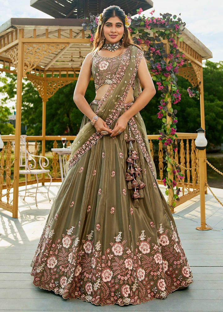 Olive Green Satin Lehenga Choli with Elegant Floral Embroidery - House of Sarvati LLC