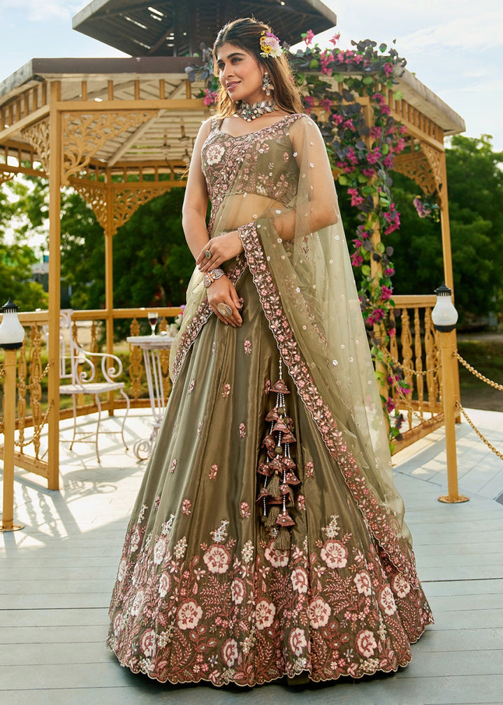 Olive Green Satin Lehenga Choli with Elegant Floral Embroidery - House of Sarvati LLC