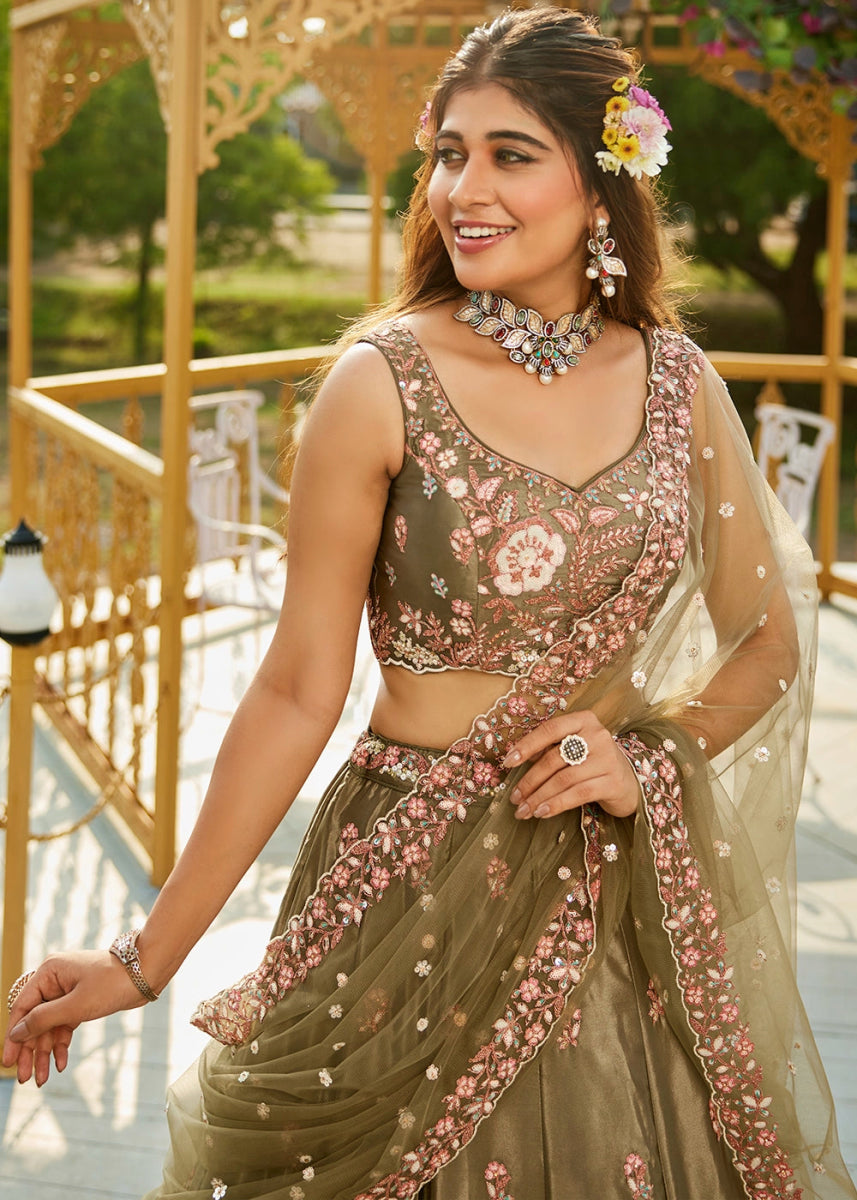 Olive Green Satin Lehenga Choli with Elegant Floral Embroidery - House of Sarvati LLC