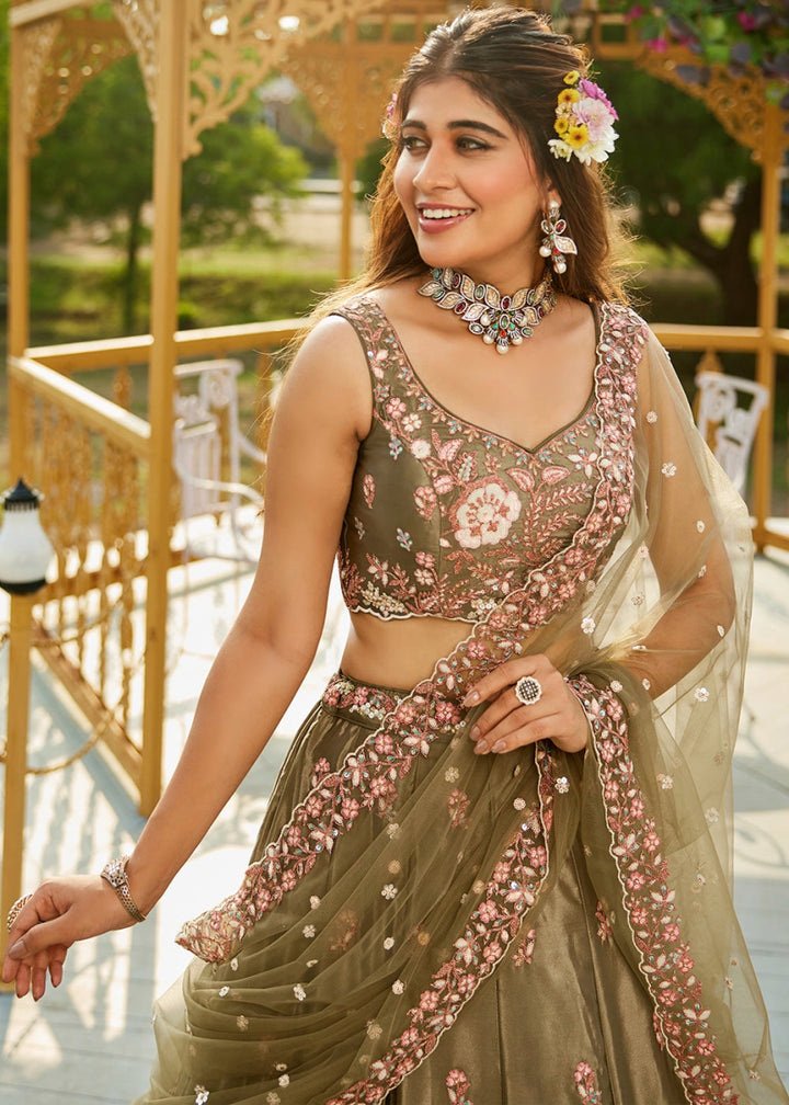 Olive Green Satin Lehenga Choli with Elegant Floral Embroidery - House of Sarvati LLC