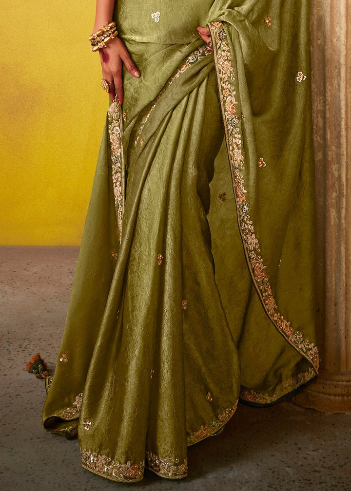 Olive Green Tissue Silk Saree with Stunning Sequins and Thread Embroidery work - House of Sarvati LLC