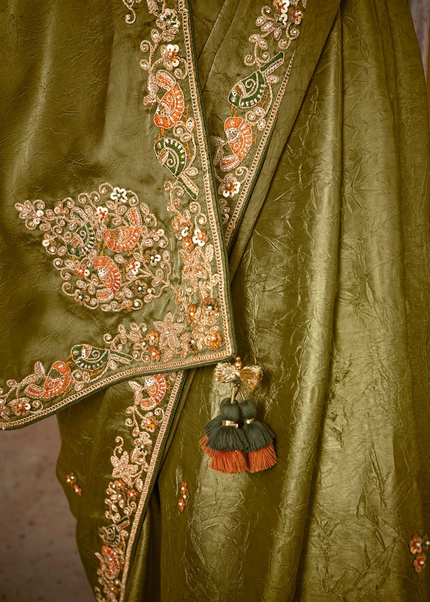 Olive Green Tissue Silk Saree with Stunning Sequins and Thread Embroidery work - House of Sarvati LLC