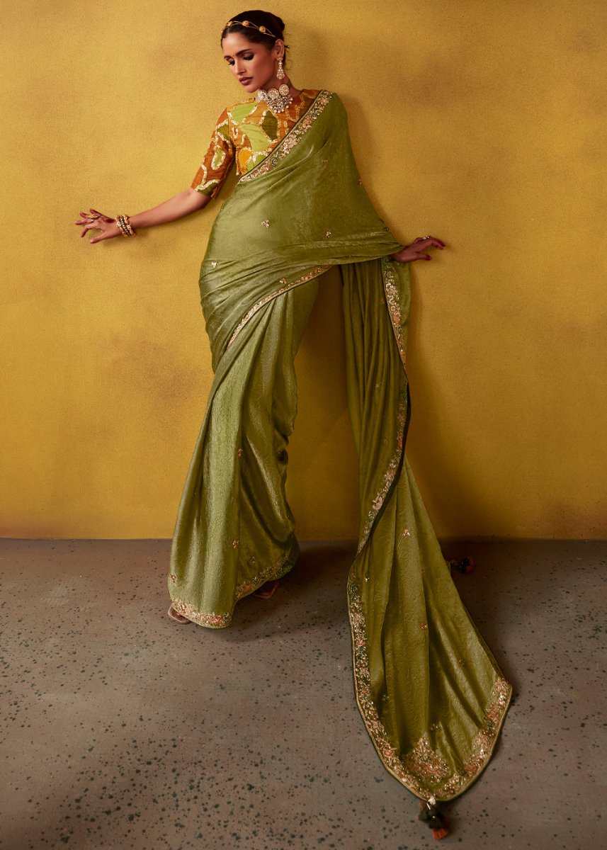 Olive Green Tissue Silk Saree with Stunning Sequins and Thread Embroidery work - House of Sarvati LLC