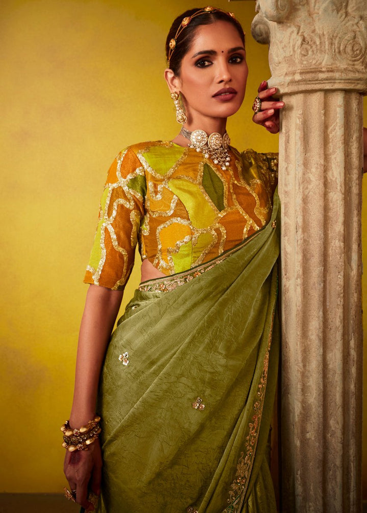 Olive Green Tissue Silk Saree with Stunning Sequins and Thread Embroidery work - House of Sarvati LLC