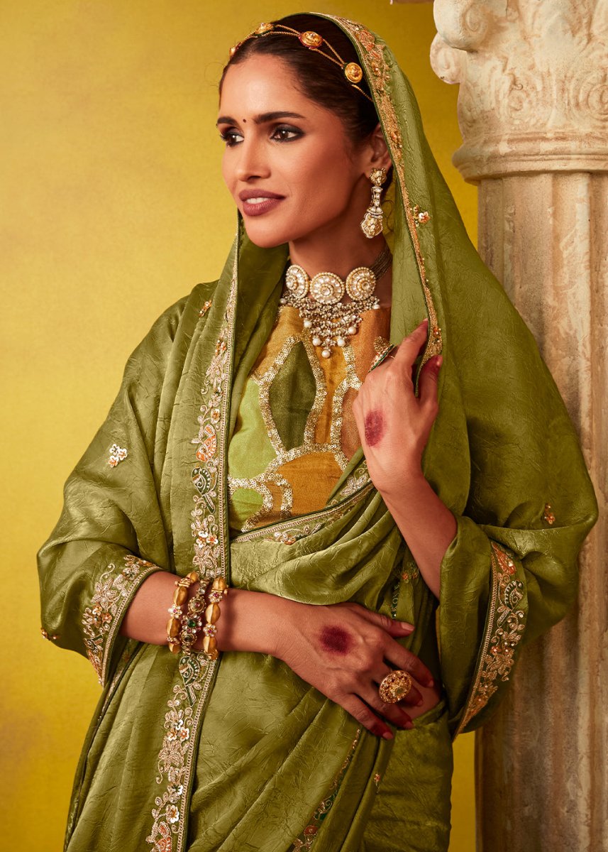 Olive Green Tissue Silk Saree with Stunning Sequins and Thread Embroidery work - House of Sarvati LLC