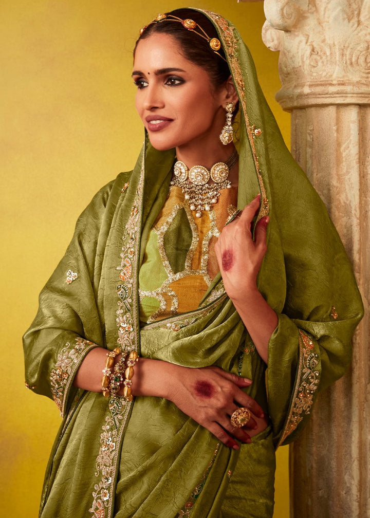 Olive Green Tissue Silk Saree with Stunning Sequins and Thread Embroidery work - House of Sarvati LLC