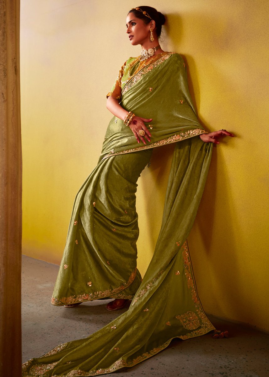 Olive Green Tissue Silk Saree with Stunning Sequins and Thread Embroidery work - House of Sarvati LLC