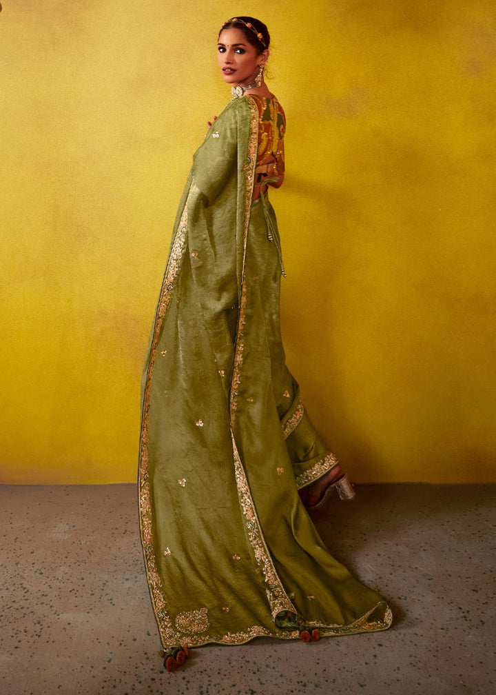 Olive Green Tissue Silk Saree with Stunning Sequins and Thread Embroidery work - House of Sarvati LLC