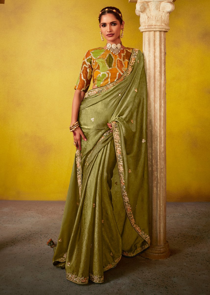 Olive Green Tissue Silk Saree with Stunning Sequins and Thread Embroidery work - House of Sarvati LLC