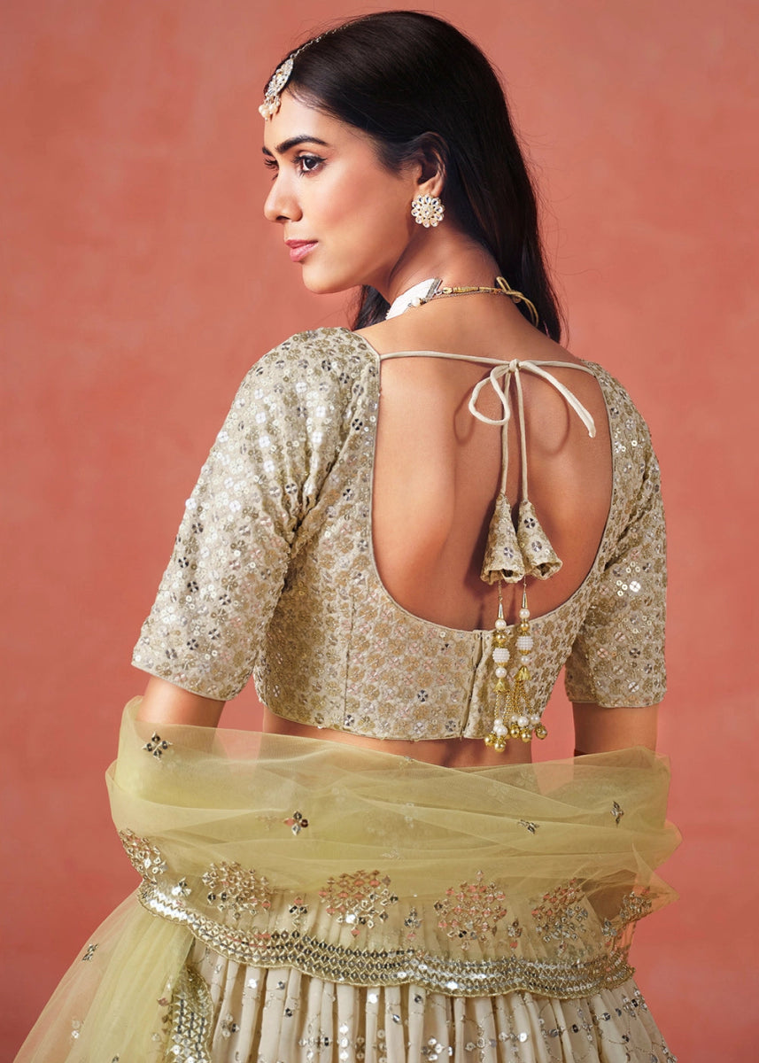 Olive Yellow Green Lehenga Choli in Georgette with Sequin Zari Work - House of Sarvati LLC