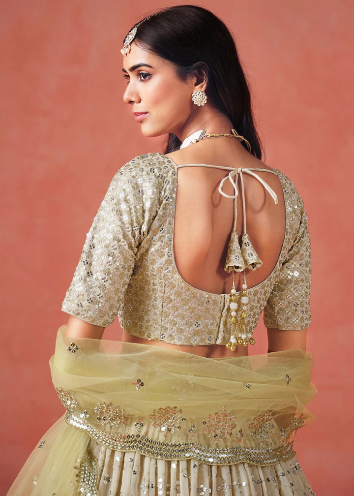 Olive Yellow Green Lehenga Choli in Georgette with Sequin Zari Work - House of Sarvati LLC