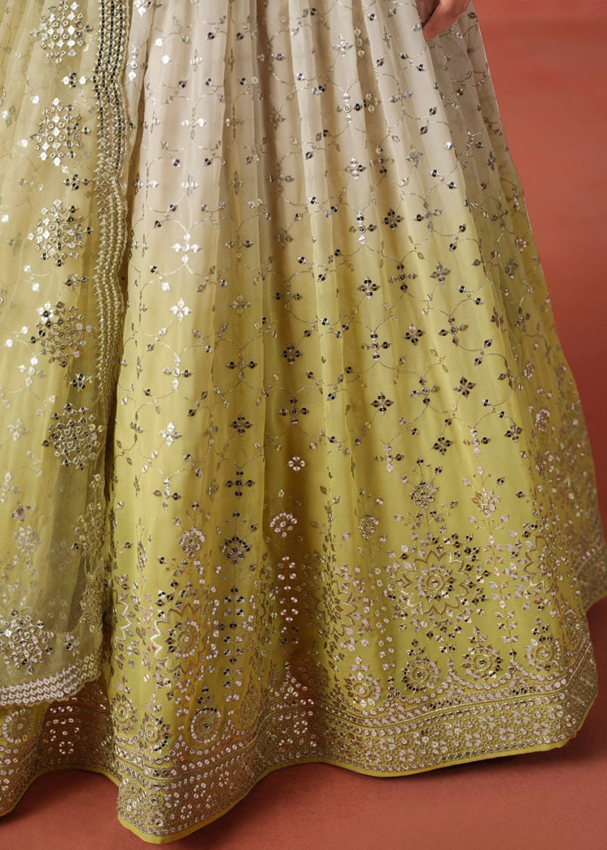 Olive Yellow Green Lehenga Choli in Georgette with Sequin Zari Work - House of Sarvati LLC