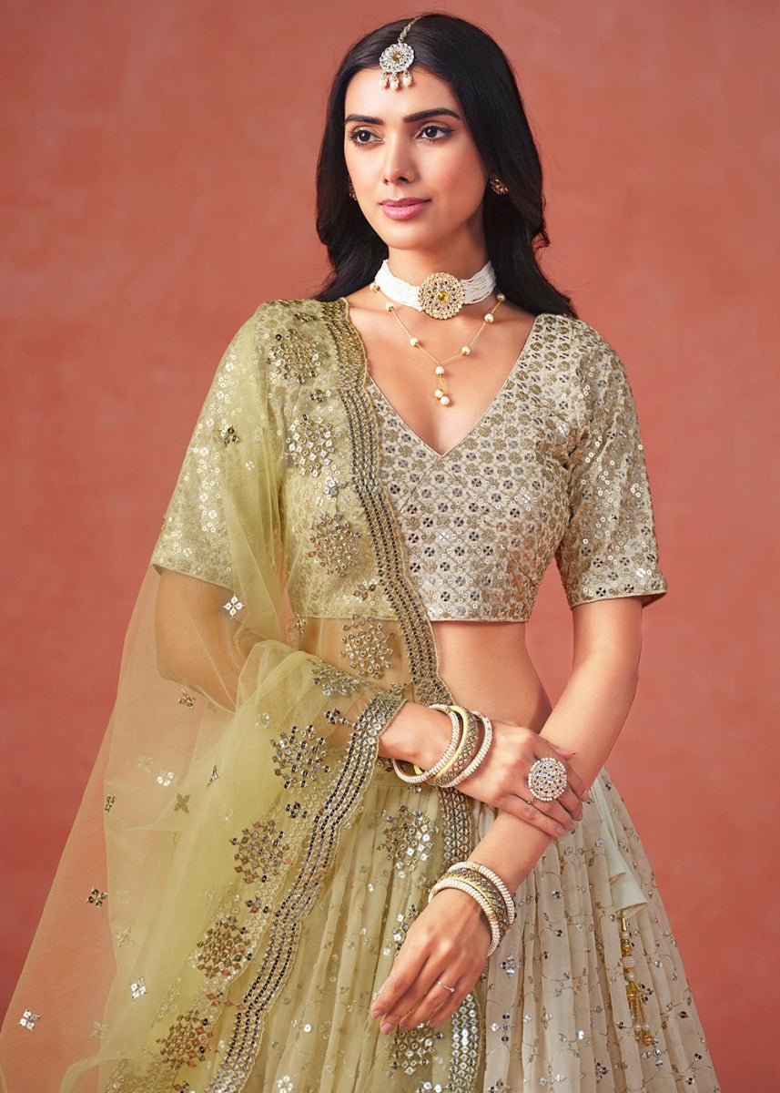 Olive Yellow Green Lehenga Choli in Georgette with Sequin Zari Work - House of Sarvati LLC
