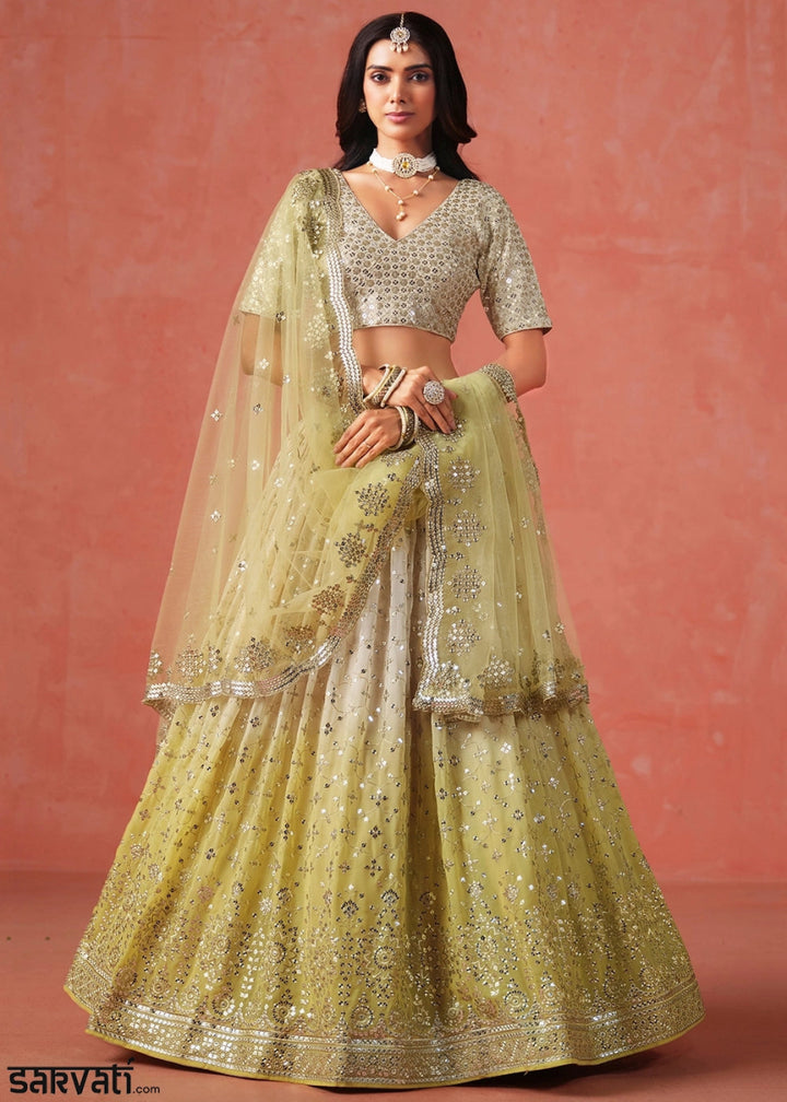 Olive Yellow Green Lehenga Choli in Georgette with Sequin Zari Work - House of Sarvati LLC