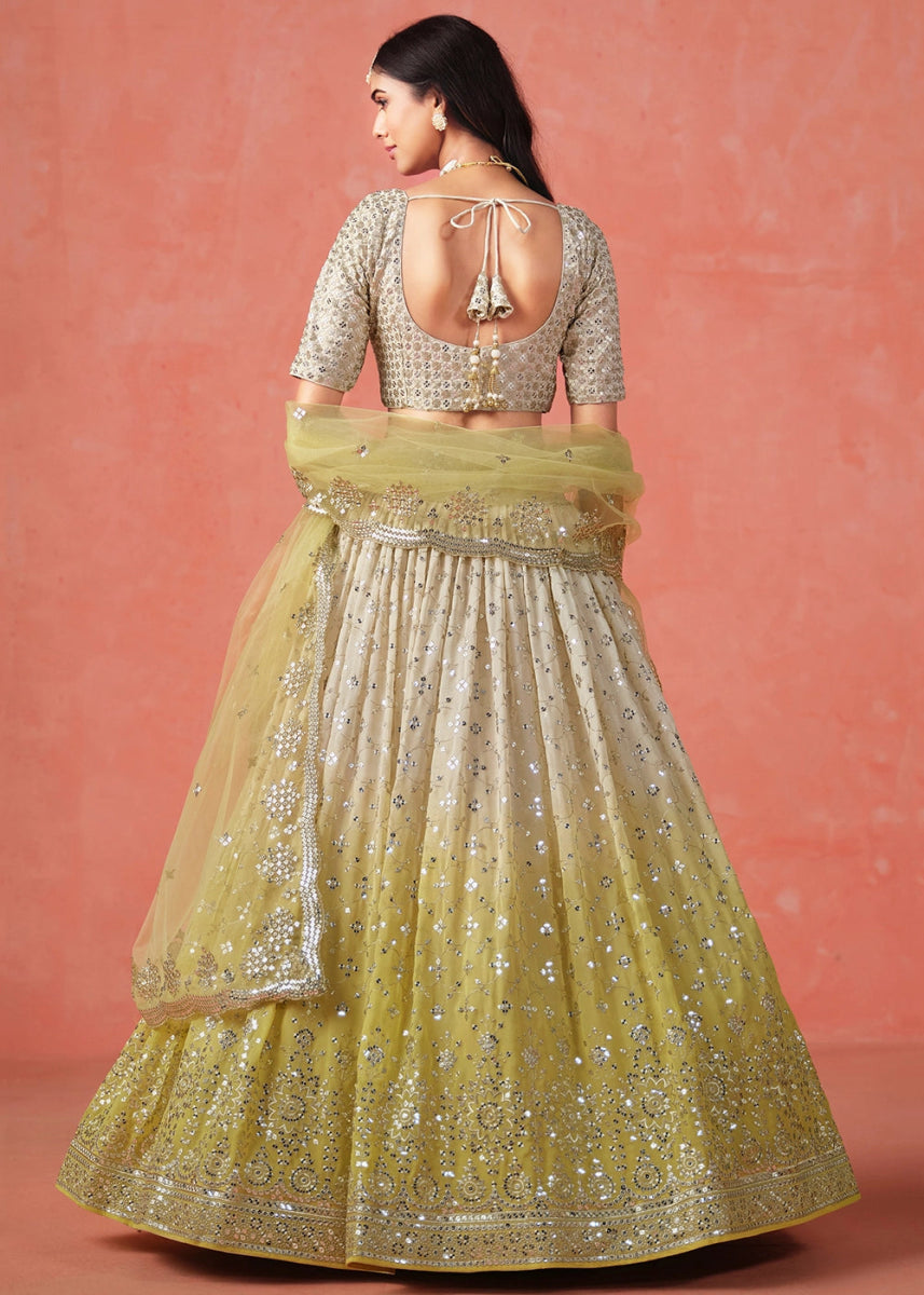 Olive Yellow Green Lehenga Choli in Georgette with Sequin Zari Work - House of Sarvati LLC