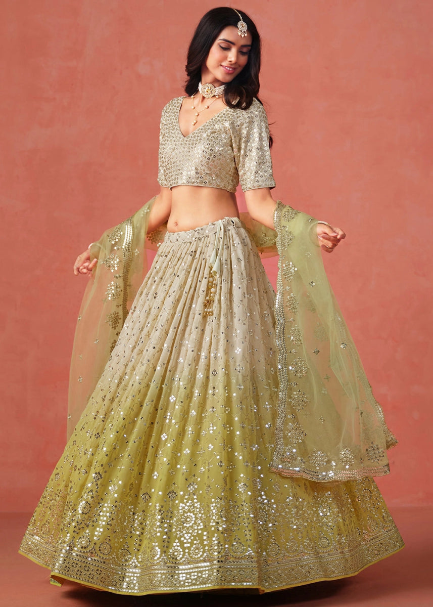 Olive Yellow Green Lehenga Choli in Georgette with Sequin Zari Work - House of Sarvati LLC