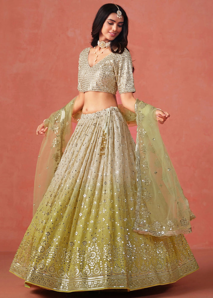 Olive Yellow Green Lehenga Choli in Georgette with Sequin Zari Work - House of Sarvati LLC
