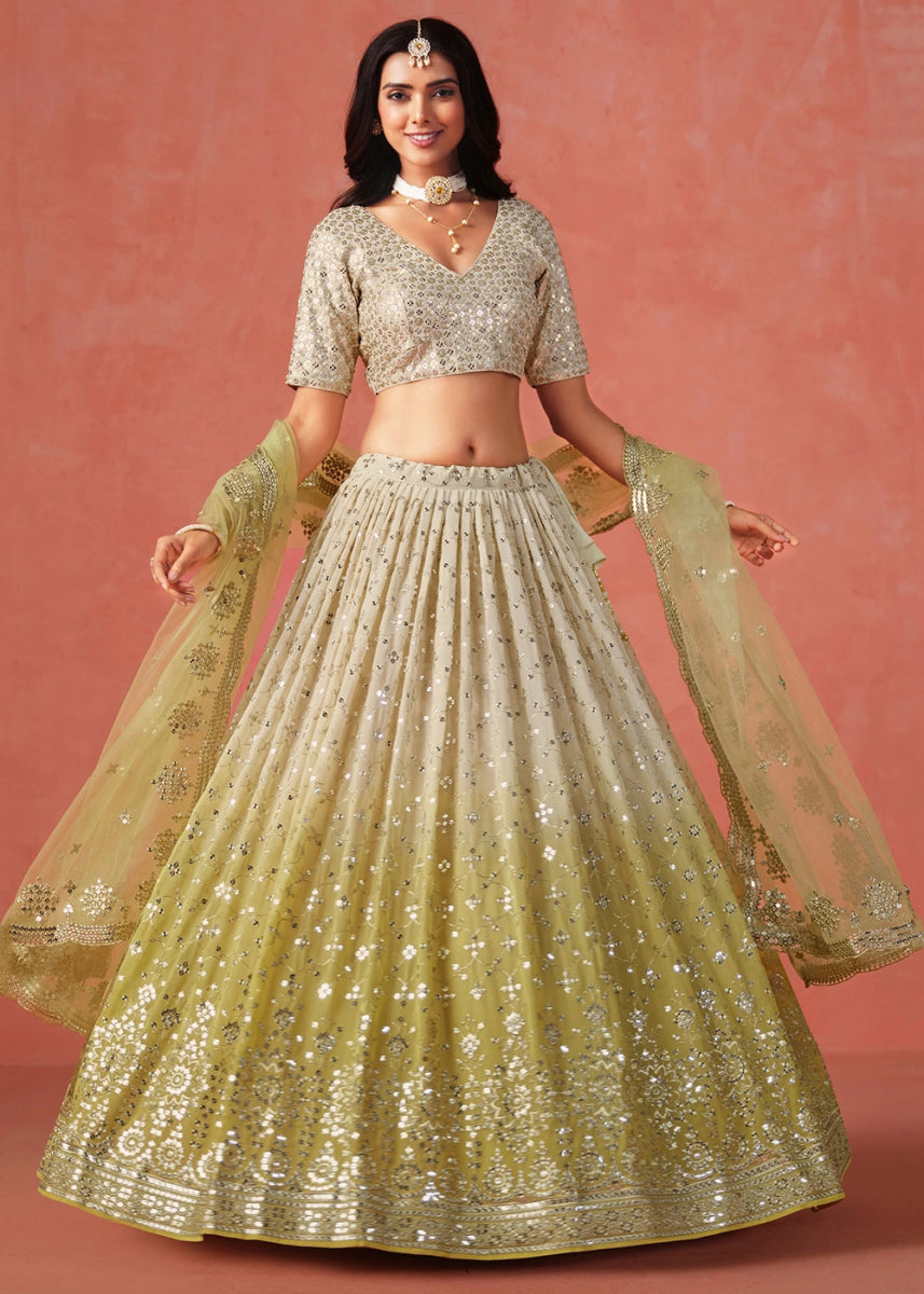 Olive Yellow Green Lehenga Choli in Georgette with Sequin Zari Work - House of Sarvati LLC