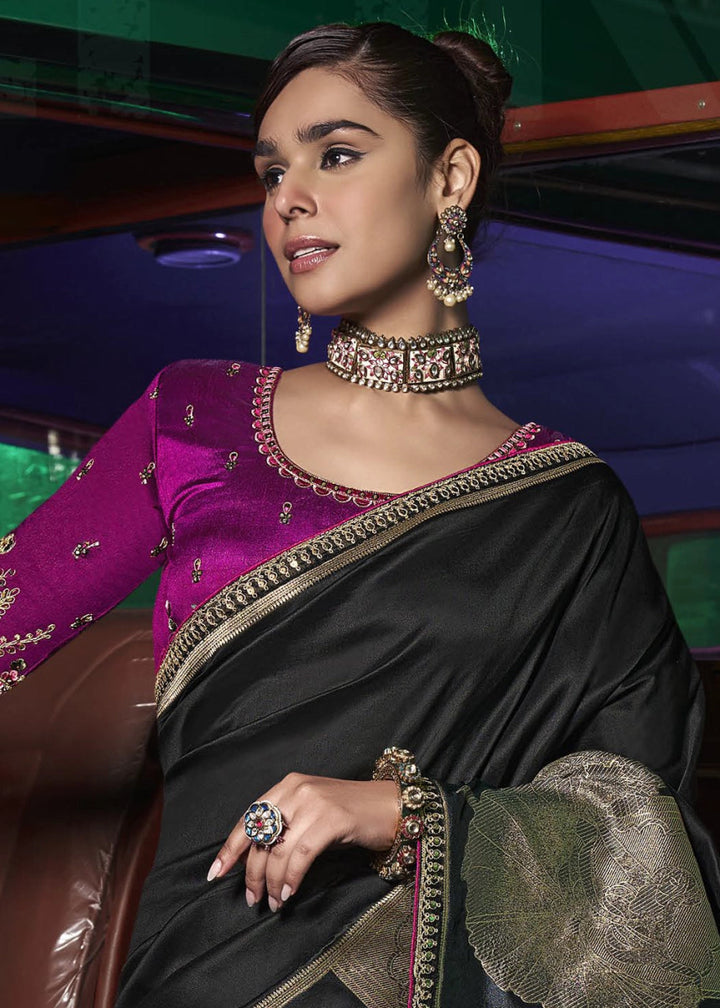 Onyx Black Banarasi Silk Saree with Artistic Woven Pallu & Embellished Blouse - House of Sarvati LLC