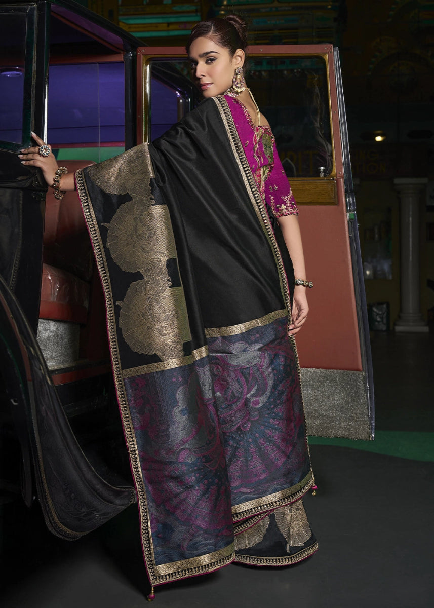 Onyx Black Banarasi Silk Saree with Artistic Woven Pallu & Embellished Blouse - House of Sarvati LLC